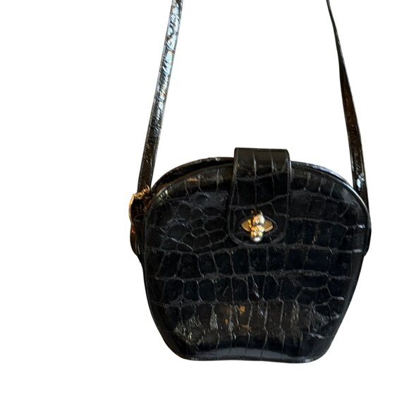 Stuart Weitzman Faux Leather Croco Embossed Patent Shoulder Bag Women's Black - Picture 3 of 11